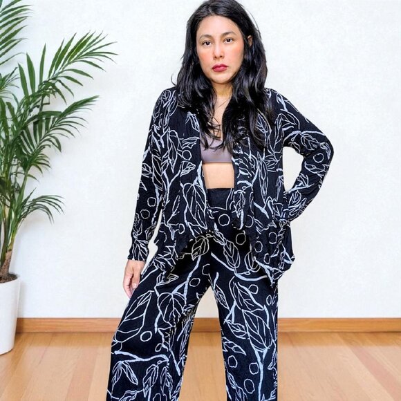 Chalet et ceci USA made botanical leaf bamboo blend 2 pc set kimono & pants S/M - Picture 2 of 14